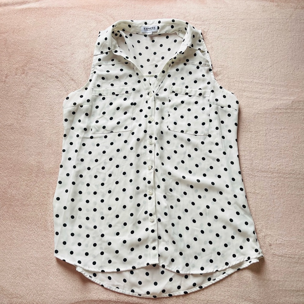 Express Portofino Women's Sleeveless Polka Dot Button-Up Blouse - White/Black